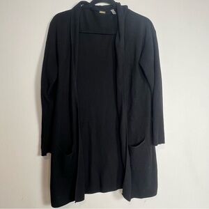 Tahari Black Ribbed Knit Tunic Length Open Front Cardigan Sweater Pockets Medi